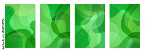 Set of green colored waves and splashes. Dynamic vibrant color gradients. Flowing liquid shapes for Spring season creative graphic design. Vector illustration.