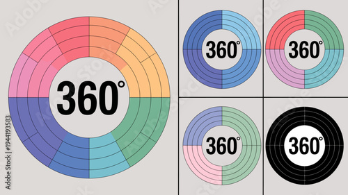 A grid displays four colorful circular diagrams each divided into segments and labeled with 360 alongside two simpler variations high quality professional detailed modern elegant stylish