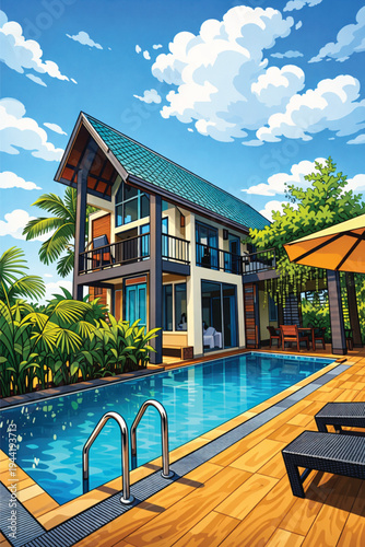 Modern Luxury Tropical Villa with Swimming Pool and Palm Trees, Contemporary Architectural Design Illustration in Flat Vector Art Style for Summer Vacation, Travel, and Real Estate Concepts.