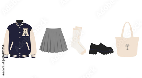 Collection of preppy academic style clothing and accessories, including a varsity jacket, pleated skirt, socks, loafers, and a tote bag, perfect for a fashionable student look.