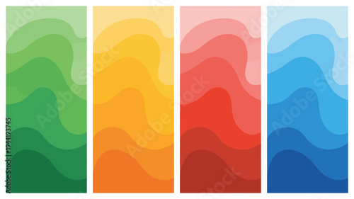 A vibrant composition of four rectangular panels displays flowing wave like gradients in green yellow red and blue hues high quality professional detailed modern elegant stylish