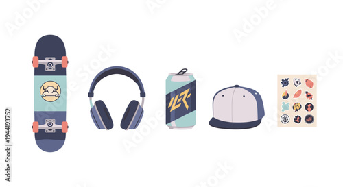 Various youth lifestyle objects including a skateboard, headphones, drink can, baseball cap, and sticker sheet, symbolizing modern casual culture and urban style.