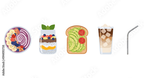 Collection of healthy breakfast and brunch food items and drinks, including an acai bowl, chia pudding, avocado toast, and iced coffee, presented in a vibrant vector illustration.