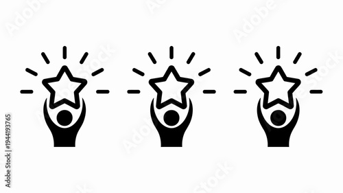A simple black and white illustration depicts three figures raising their hands to sparkling stars representing achievement or celebration high quality professional detailed modern elegant stylish