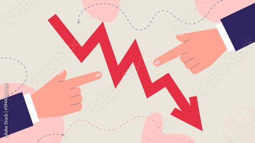 Two hands point accusingly at a sharply declining red graph symbolizing blame and market downturn or economic recession high quality professional detailed modern elegant stylish clean