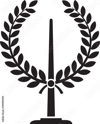 Obelisk monument with laurel wreath vector silhouette illustration line art transparent background