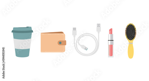 Daily essential personal accessories including a coffee cup, wallet, charging cable, lipstick, and hairbrush, neatly arranged in a flat lay illustration.