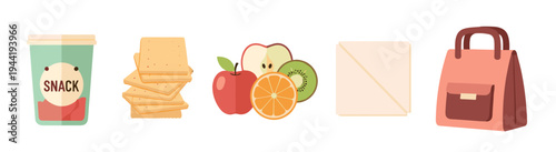 Collection of healthy snacks and lunch items are presented together, featuring fresh fruits, crackers, and a sandwich for a balanced diet.