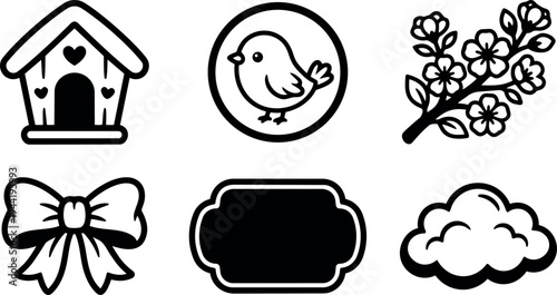 Black and white flat design icons including birdhouse with hearts bird in circle cherry blossom branch decorative bow frame cloud vector art set