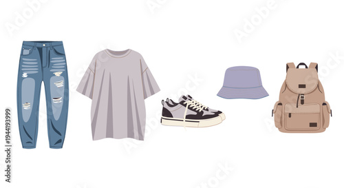 Casual fashion outfit elements including ripped jeans, an oversized t-shirt, sneakers, a bucket hat, and a backpack for a trendy look.