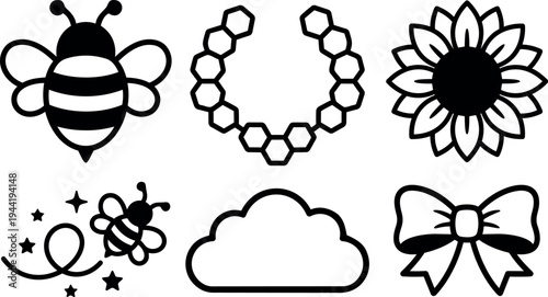 Black and white vector icons set including bee flying hive flower bow and cloud simple line art minimal style