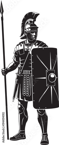 Ancient Roman Soldier With Spear and Shield, Depicting Military Strength and Historical Warfare in a Stylized Black and White Illustration