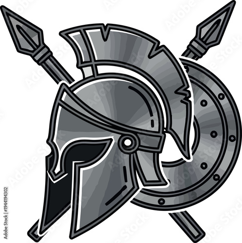 Gray spartan helmet with shield and spears armor