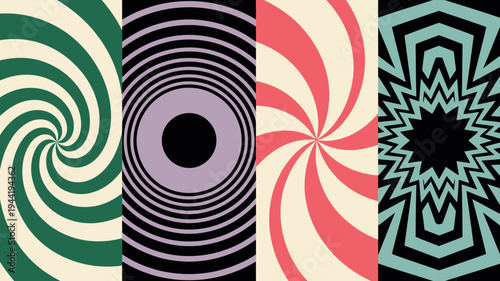 A vibrant composition of four panels displays swirling hypnotic patterns with contrasting colors and concentric circular designs high quality professional detailed modern elegant stylish clean crisp