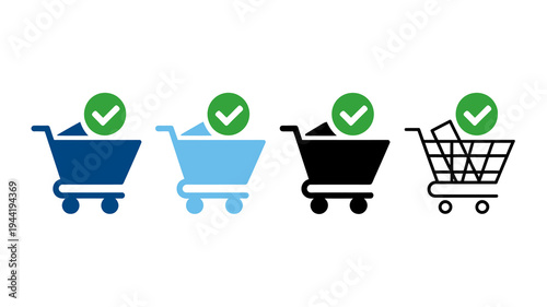 Four shopping carts are depicted in varying colors blue light blue black and dark grey each displaying a green checkmark symbol high quality professional detailed modern