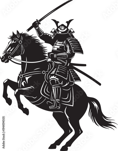 Dynamic illustration of a mighty samurai warrior in traditional armor, wielding a katana sword while bravely riding a rearing horse, symbolizing strength and ancient combat
