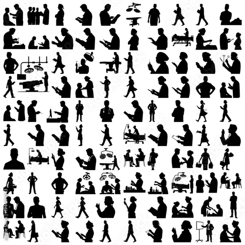 Collection of diverse medical professional and patient silhouettes interacting with technology and performing healthcare tasks