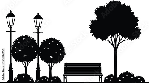 City park landscape silhouette with bench, street lamps trees bushes, urban garden outdoor nature scene, park bench illustration vector