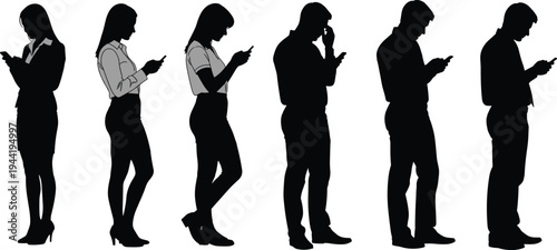 Silhouetted people standing in row engrossed with smartphones, digital lifestyle illustration concept highlighting modern technology dependence, social isolation,ry 