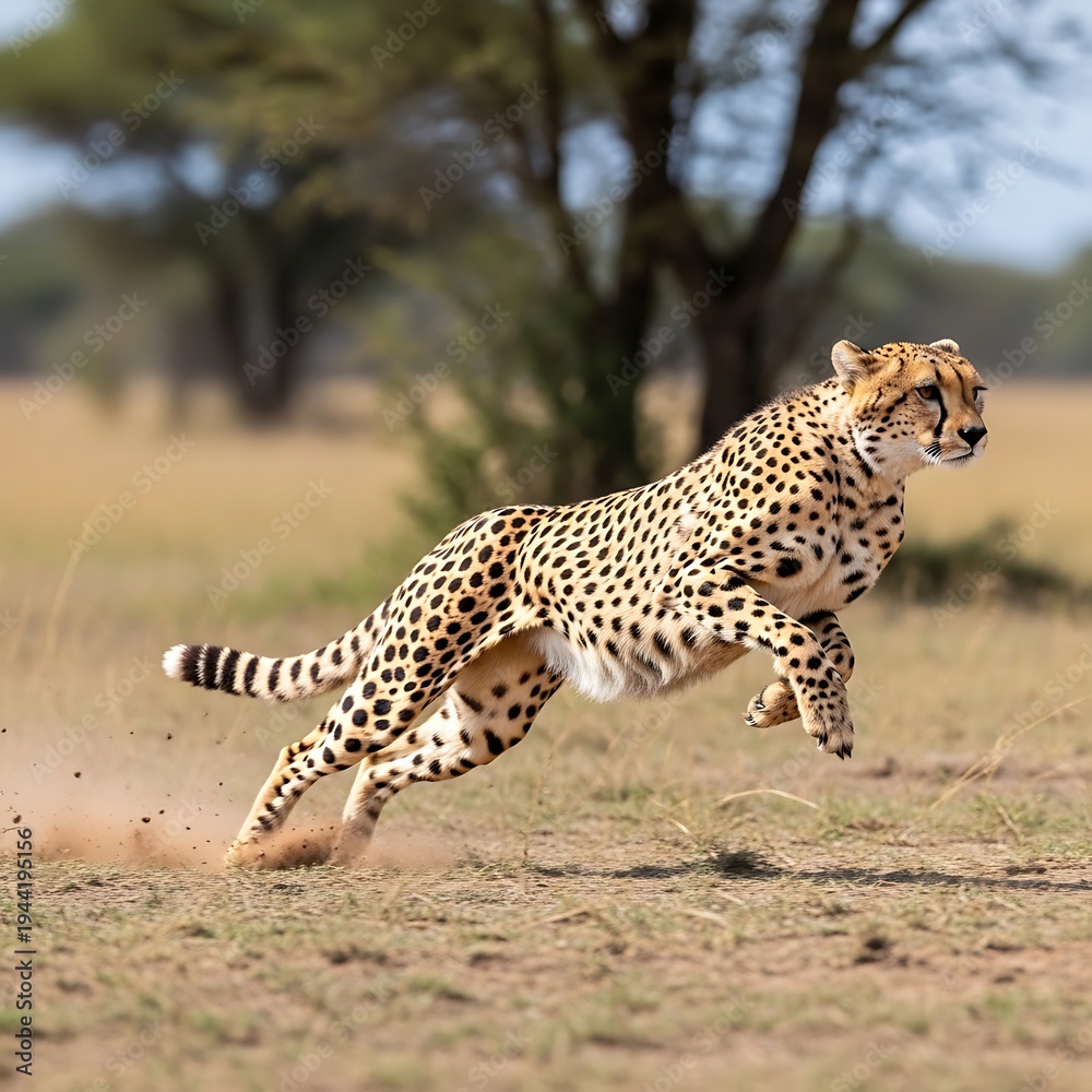 Fototapeta premium Cheetah Running in Savanna Landscape.