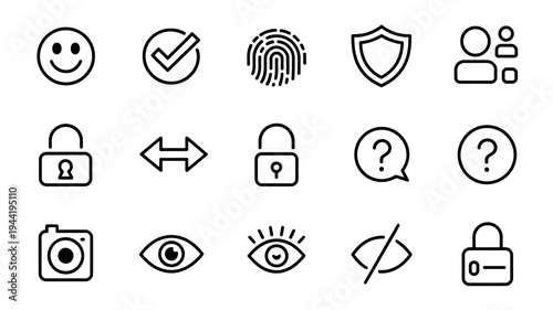 A collection of simple black outline icons depicting various concepts such as security identity communication and access control high quality professional detailed modern elegant stylish clean