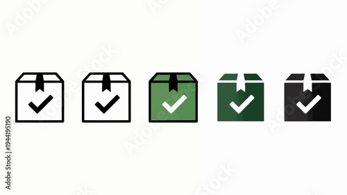 A series of five box icons with checkmarks progressing through shades of green and gray high quality professional detailed modern elegant stylish clean crisp vibrant colorful