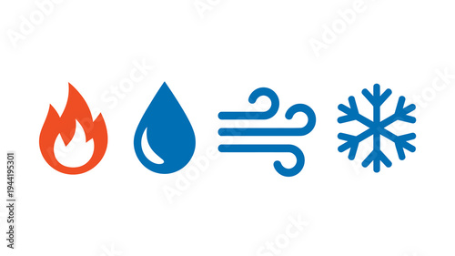A simple illustration depicts four elemental icons fire water air and ice arranged in a horizontal line high quality professional detailed modern elegant stylish clean crisp
