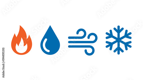 A simple graphic displays four elemental icons fire water air and ice arranged horizontally in a clean minimalist style high quality professional detailed modern elegant stylish