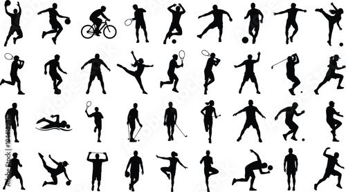 Silhouetted athletes performing diverse sports activities including basketball, soccer, cycling, tennis, swimming, dancing, martial arts, fitness training, and weightlifting, 