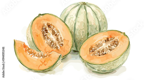 Watercolor bowls of dried herbs and spoon with fresh oregano on background