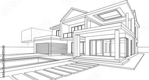 Artistic architectural perspective of a contemporary luxury villa featuring a modern gabled roof, integrated skylight, and minimalist side garage structure.