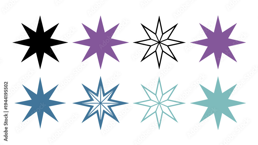 Obraz premium An arrangement of eight colorful pointed stars in various shades of black purple and teal displayed on a clean white background high quality professional detailed modern
