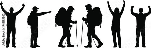 Silhouetted group of hikers celebrating outdoor adventure with backpacks and trekking poles, teamwork and exploration concept, mountain trekking lifestyle, wilderness travel achievement illustration