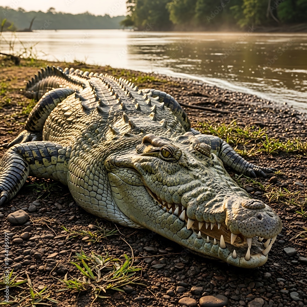 Obraz premium Crocodile resting on riverbank with open mouth.