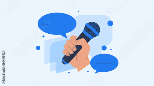 An illustration depicts a hand firmly gripping a blue microphone surrounded by speech bubbles symbolizing communication and public speaking high quality professional detailed modern elegant stylish