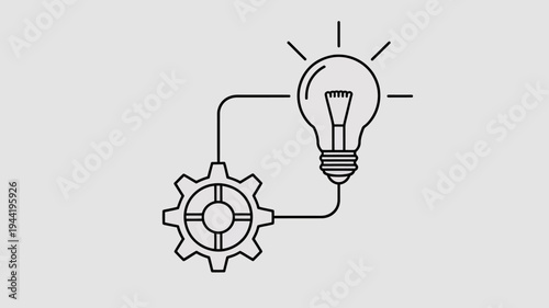 A simple black line drawing depicts a lightbulb connected to a gear symbolizing ideas innovation and the process of thinking high quality professional detailed modern elegant