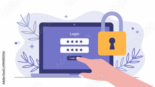 An illustration depicts a laptop screen displaying a login prompt secured by a prominent yellow padlock and a reaching hand high quality professional detailed modern elegant
