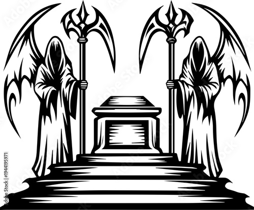 SVG cloaked reaper with ancient temples tattoo design vector. Dark Fantasy Illustration of Hooded Figures with Scythes and Tombstone