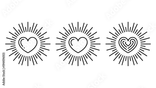 A minimalist graphic displays three black line art heart symbols each radiating with sunburst like lines creating a simple modern design high quality professional detailed elegant