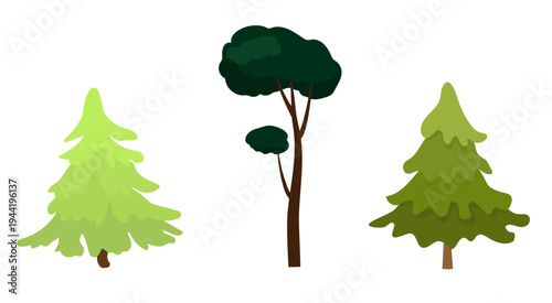 Green trees and fir trees, hand-drawn. Vector illustration. A simple drawing of a spring and summer forest, isolated on a white background.