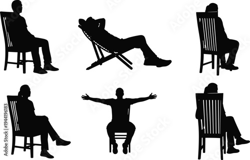 Set of People Sitting Silhouettes Featuring Upright, Reclined, and Relaxed Chair Postures in Black-and-White Ergonomic Artwork