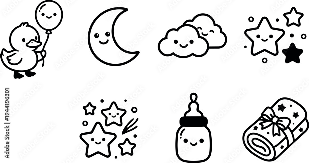 Fototapeta premium Cute smiling baby duck holding balloon with happy moon clouds and star shapes alongside feeding bottle and wrapped blanket vector line art design