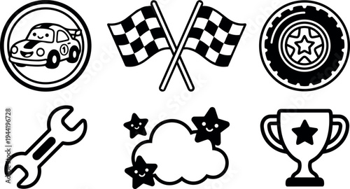 Cute smiling race car with number one badge crossed checkered flags car tire wrench cloud with stars and trophy icons collection