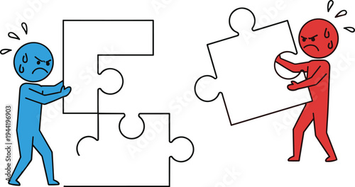 Teamwork challenge concept with two stressed characters carrying puzzle pieces, cooperation problem solving, conflict teamwork struggle vector illustration