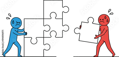 Teamwork puzzle collaboration icons set, problem solving stressed business people illustration design collection - flavector