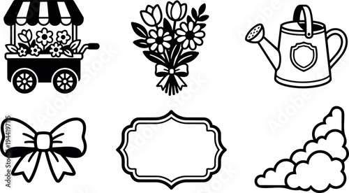Black and white line art flower cart bouquet watering can bow frame cloud vector icons set