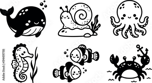 Cute black and white vector art of smiling whale snail octopus seahorse clownfish and crab marine animals with happy facial expressions