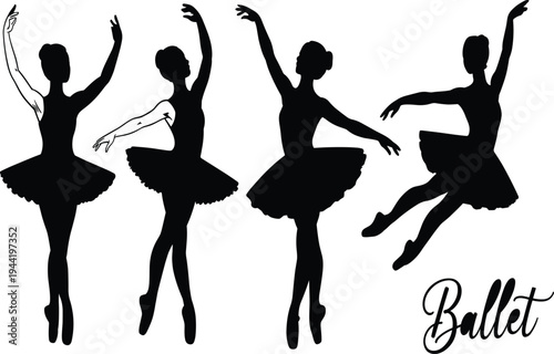 Elegant ballerina silhouette collection, dancing girl figures, ballet performance elements, vector illustration for art school.