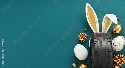Golden bunny ears and patterned easter eggs surrounding black car tire on teal background. Creative easter holiday concept blending automotive elements with spring celebration for greeting card