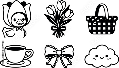 Cute baby duck wearing flower bonnet with bouquet of tulips picnic basket cup of coffee decorative bow and smiling cloud vector icons set